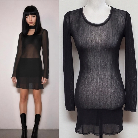 Alice & Olivia Black Sheer Mesh Satin Crewneck Long Sleeve Mini Bodycon Dress XS Long Sleeve
